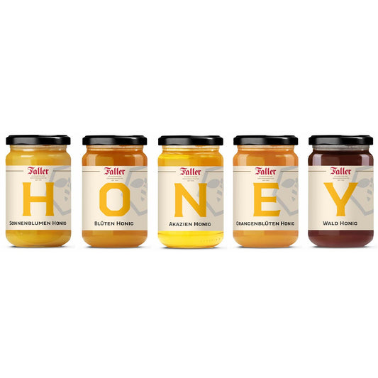 Honig von der Schwarzwälder Genussmanufaktur Faller, Geschenkset HONEY 5 x 380 Gramm