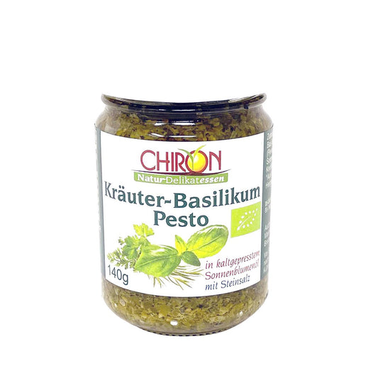 CHIRON Naturdelikatessen Bio Kräuter-Basilikum Pesto (kbA) – Nachhaltiger Gourmet-Genuss in einem 140g-Glas