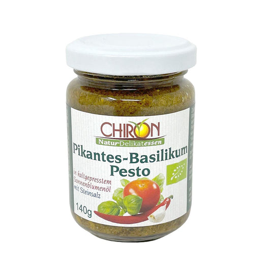 CHIRON Naturdelikatessen Bio Pikantes-Basilikum Pesto (kbA) – Intensive Aromen in einem 140g-Glas für Gourmet-Genuss