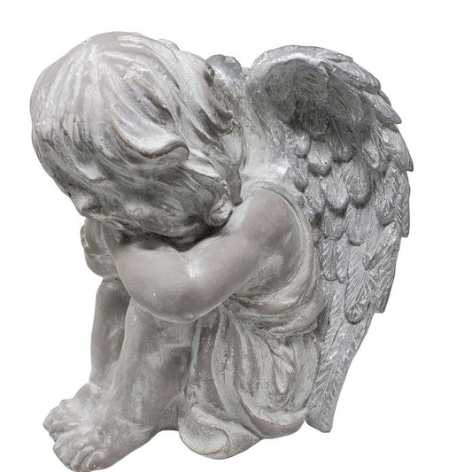 FeineHeimat Schlafender Engel sitzend 34 cm - Antikweiß, Silberne Flügel, Zarte Gartendekoration